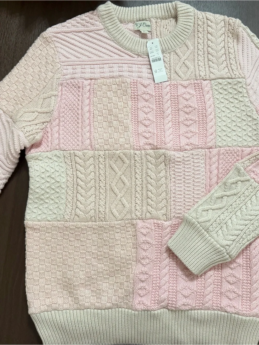 J. Crew Pink and Cream Patchwork Cable Crewneck Sweater